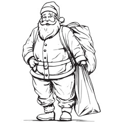 Fototapeta na wymiar sketch style drawing of santa claus with gifts in full length isolated on white background.