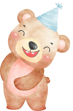 Cute birthday bear with blue party hat cartoon watercolour illustration 