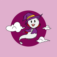 Cute Ghost Wearing Wizard Hat Vector Illustration