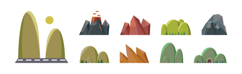 Different Hill and Mountains with High Peak Flat Vector Set