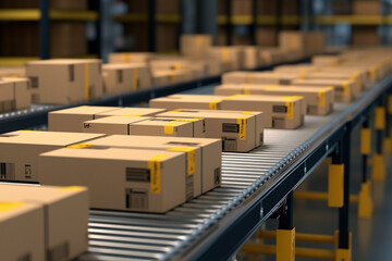 warehouse with shelves and cardboard boxes, Packed courier delivery concept image