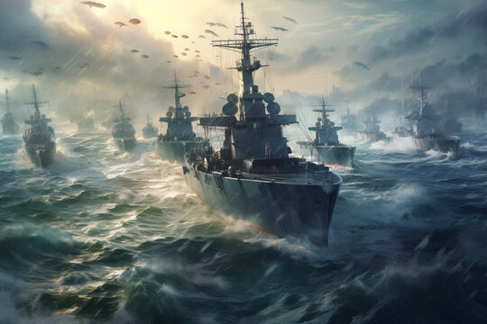 Warship in the stormy sea. 3D illustration - Powered by Adobe