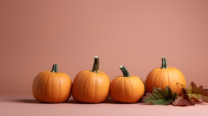 Pumpkins on a Dusty Pink colored background. Autumn themed Banner with copy-space. AI generative