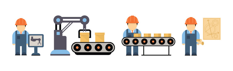 Production Process with Machine Operator Man in Hard Hat Icons Vector Set