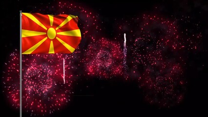 North Macedonia Flag Background with flagpole and fireworks. Macedonia Flag Waving animation, great for Macedonia National Day, Independence Day, New Year and more Macedonia event. Loop waving flag - Powered by Adobe
