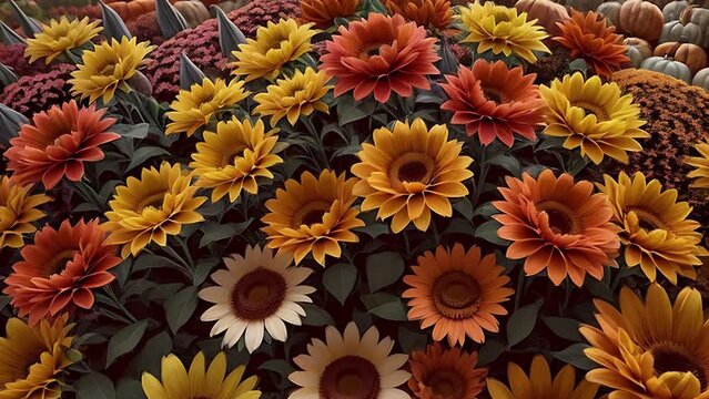 Fall flowers animation with sunflowers. Floral background with lot of colorful flowers and pumpkins on desk in retro style. Bright animation with illustrations transformations. AI generated video