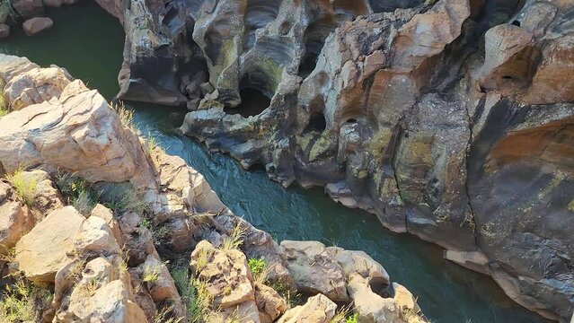aerial top own of bourke's luck potholes blyde river canyon in Graskop, Mpumalanga South Africa 