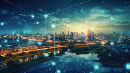 Big data connection technology. Cityscape telecommunication and communication network concept. Smart city and digital transformation