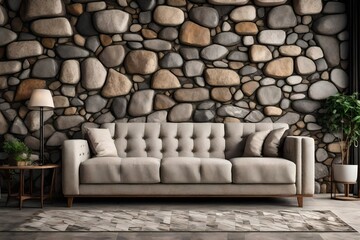 Cozy sofa on wild stone cladding wall background, rustic lounge area interior design