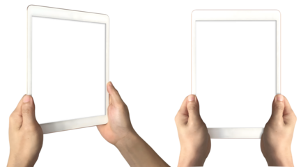 Hand holding vertical view digital computer tablet on transparent background cutout, PNG file. Mockup template for artwork design. Two perspective positions, upright

