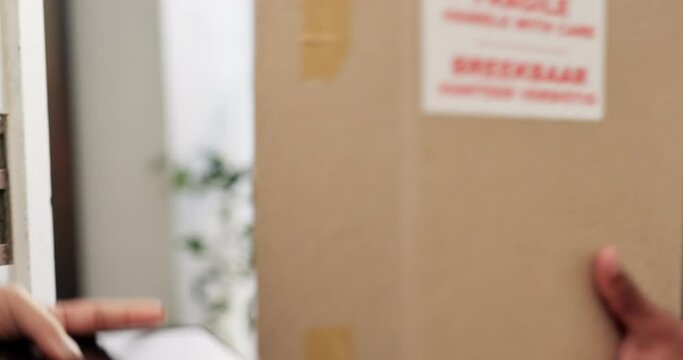 Hands, phone and payment for delivery at door, package and parcel box in home for ecommerce. Smartphone, contactless nfc and customer courier, online shopping for shipping service or retail logistics