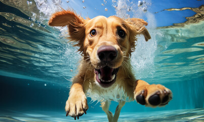 Golden Retriever Puppy Training with Family in Swimming Pool