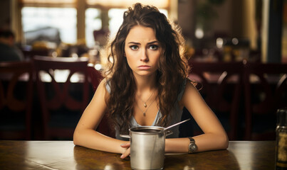 Young lady makes an angry face like she's starving and demanding food, while sitting at a restaurant table, hangry concept - obrazy, fototapety, plakaty