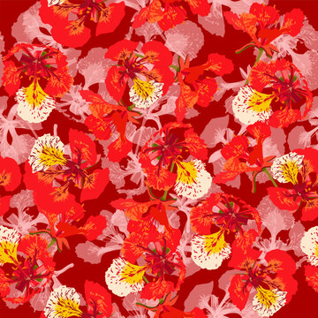 A seamless pattern of colorful flame tree flowers. vector illustration. Colorful flower background. © Aphichart