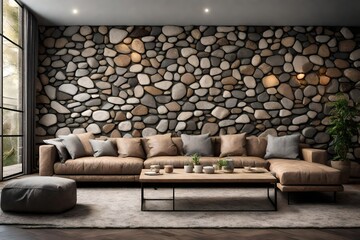 Cozy sofa on wild stone cladding wall background, rustic lounge area interior design