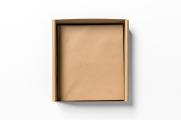 Top view of open cardboard box mockup on white background,