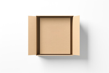 Top view of open cardboard box mockup on white background,