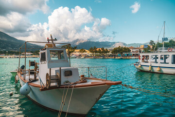 Harbour with wooden fishing boats in Greece - 639137152