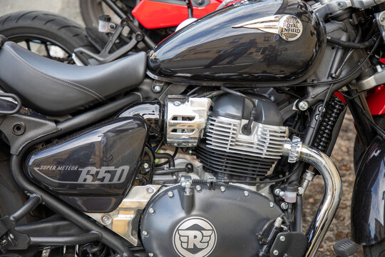 Royal Enfield super meteor 650 motorcycle fuel tank black with silver emblem of vintage indian motorbike