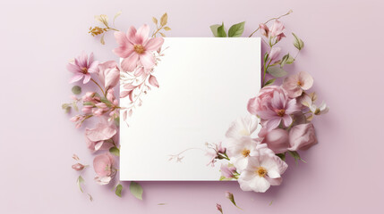 Naklejka na ściany i meble top view of blank Weeding card mockup with flowers, weeding card mockup