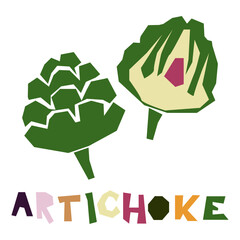 The green artichoke, whole and in section, is highlighted on a white background. The original signature is an artichoke. Products from the farmer's market, organic food. Geometric stylized flat vector