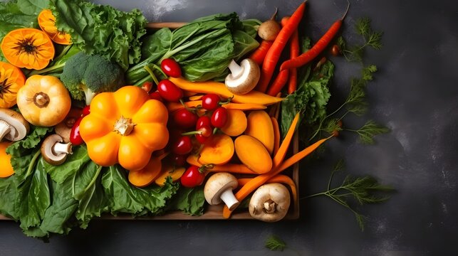 Variety of autumn harvest vegetables carrot, parsnip, chard, paprika, hokkaido pumpkin, porcini and chanterelles mushrooms in wooden tray over gray texture background. AI Generated