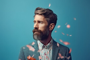 Expressive Man. Humorous, Funky Portrait, Stylish Trendy Attire, Smiling Guy in Jacket, Cool Fashionable Dude, Vibrant Colorful Look, Unique Individuality, Funny Crazy Mood. Generative AI.