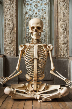 Image of a skeleton doing yoga in cross pose