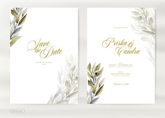 Modern and Simple Weding Invitation Template with Leaves Watercolor