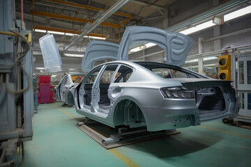 Car assembly line at an innovative factory Generative AI