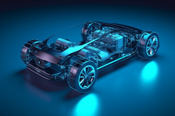 Working Car Internal Combustion Engine Scheme with chassis and wheels 3d render Generative AI