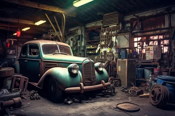 Fotobehang Old car decayed in a deserted garage in bangkok,thailand on sep Generative AI © Nataliia