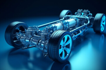 Working Car Internal Combustion Engine Scheme with chassis and wheels 3d render Generative AI
