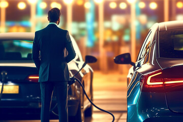 Silhouette man refuelling fuel to a sports car in a fuelling station Generative AI