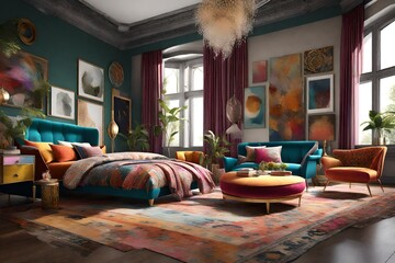  a vibrant 3D rendering of a luxury bedroom with a mix of colorful sofas and chairs in a bohemian style. 