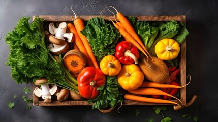 Variety of autumn harvest vegetables carrot, parsnip, chard, paprika, hokkaido pumpkin, porcini and chanterelles mushrooms in wooden tray over gray texture background. AI Generated - obrazy, fototapety, plakaty
