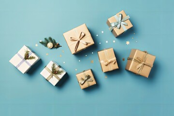 Christmas gift boxes on blue background flat lay, Generative AI