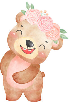 Cute teddy bear with flower crown watercolour illustration watercolour illustration 