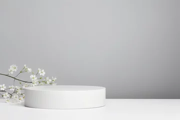 Fotobehang Abstract empty white podium and white flowers on grey background. Mock up stand for product presentation. 3D Render. Minimal concept, Generative AI © James