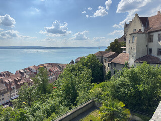 Lake Constance Vista with Castle Detail, Old European Townhouses, and Backlit Clouds