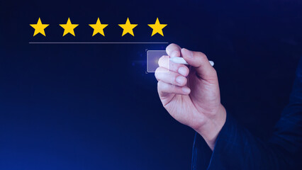 5 star rating. Businessman customer giving five star rating, Review, Service rating, Satisfaction, Customer service experience and feedback review satisfaction.