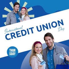 Composite of caucasian couple with credit card and thursday, international credit union day text