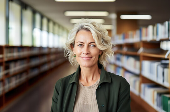 AI generated image of mature woman in the library