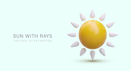 3D yellow sun with white rays. Meteorological concept. Color summertime poster. Hot summer sale. Vector template with place for offer, announcement, invitation