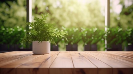 selective focus.Wood table top with livingroom and greeny leaves,foliage of tropical garden.contemporary of kitchen or ivingroom.interiors background.generative ai, Generative AI