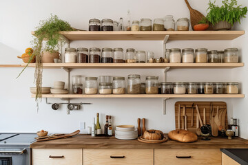 Well organized kitchen shelf with a variety of utensils, jars and containers. Rustic style and white accents create a charming culinary spectacle.