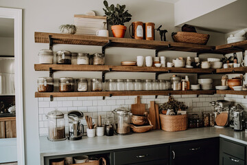 Fototapeta na wymiar Aesthetic kitchen design with white interiors, wood accents and modern furnishings. Clean and organized, the collection of tableware, jars and plants creates a warm, inviting atmosphere.