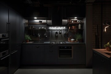 Modern black kitchen design with sleek white furniture and modern appliances.