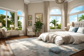 There is a bedroom with a made bed adorned with decorative pillows