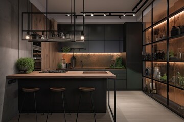 Modern interior design with elegant countertops and a chic dining area in a luxury apartment.